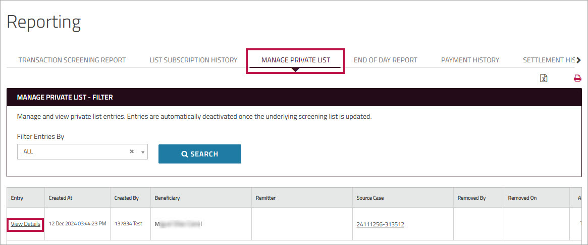 Manage Private List View Details link